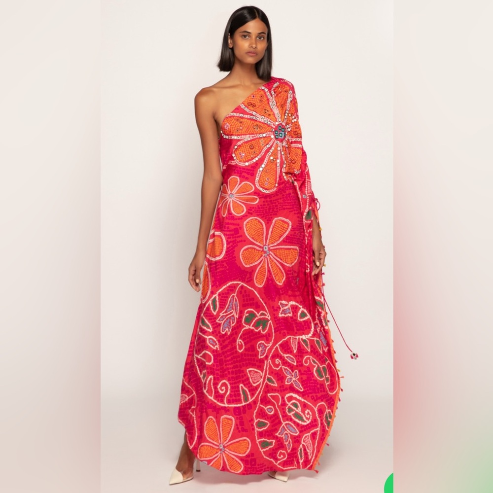 NWT Saaksha & Kinni Elegant One-Shoulder Floral Dress in Pink and Orange